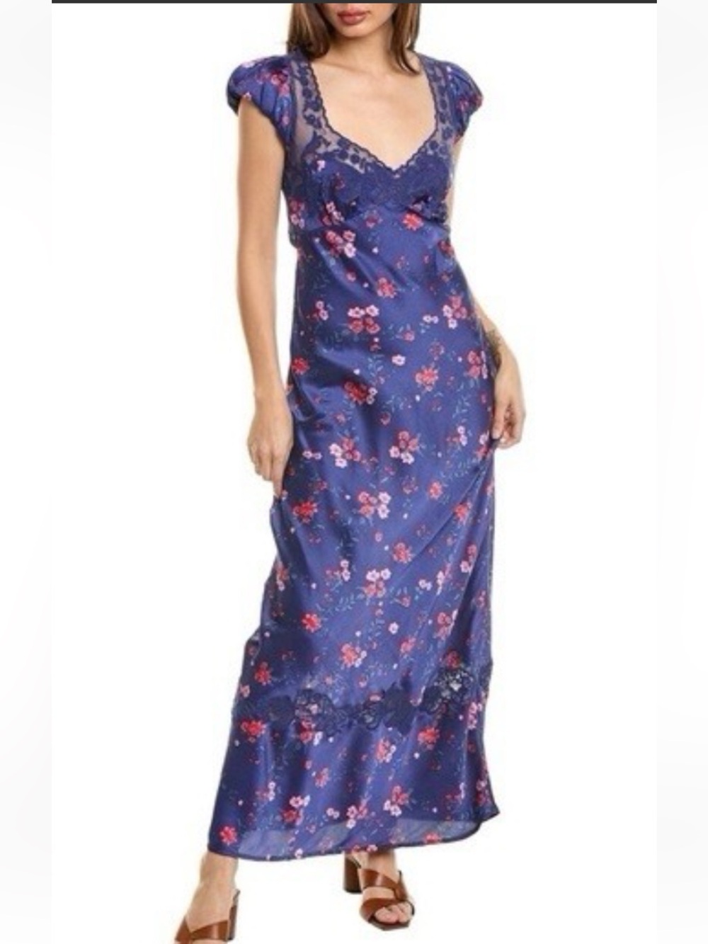 Free People Satin Lace Blue Floral Maxi